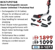 Bosch BCS71PETGB Rechargeable Vacuum Cleaner Unlimited 7 Proanimal Red