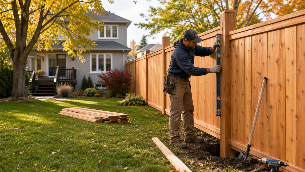 Fence installer measuring a cedar privacy fence in a Toronto backyard during fall