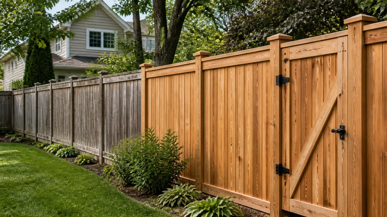 New cedar privacy fence beside a naturally weathered fence in an Ontario backyard